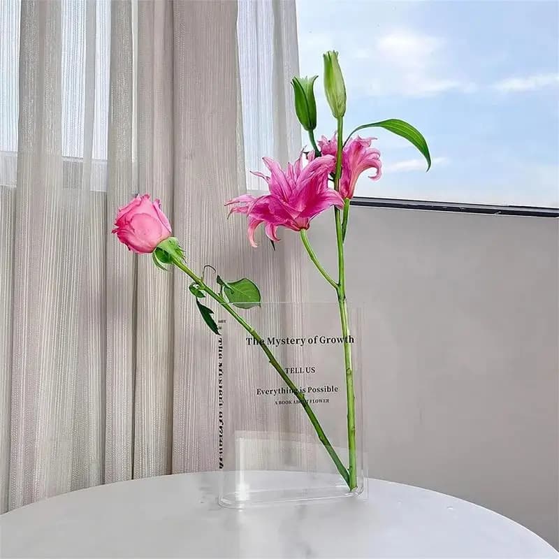 Livro criativo vaso de flores acrílico transparente com texto em preto