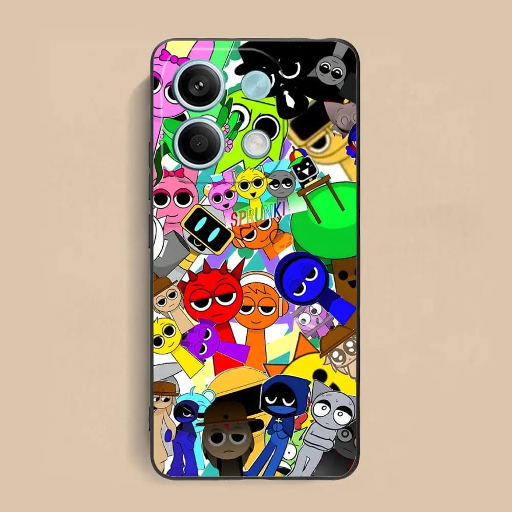 Capa protetora Xiaomi Redmi Note 14 com estampa colorida de personagens Sprunki em estilo luxuoso