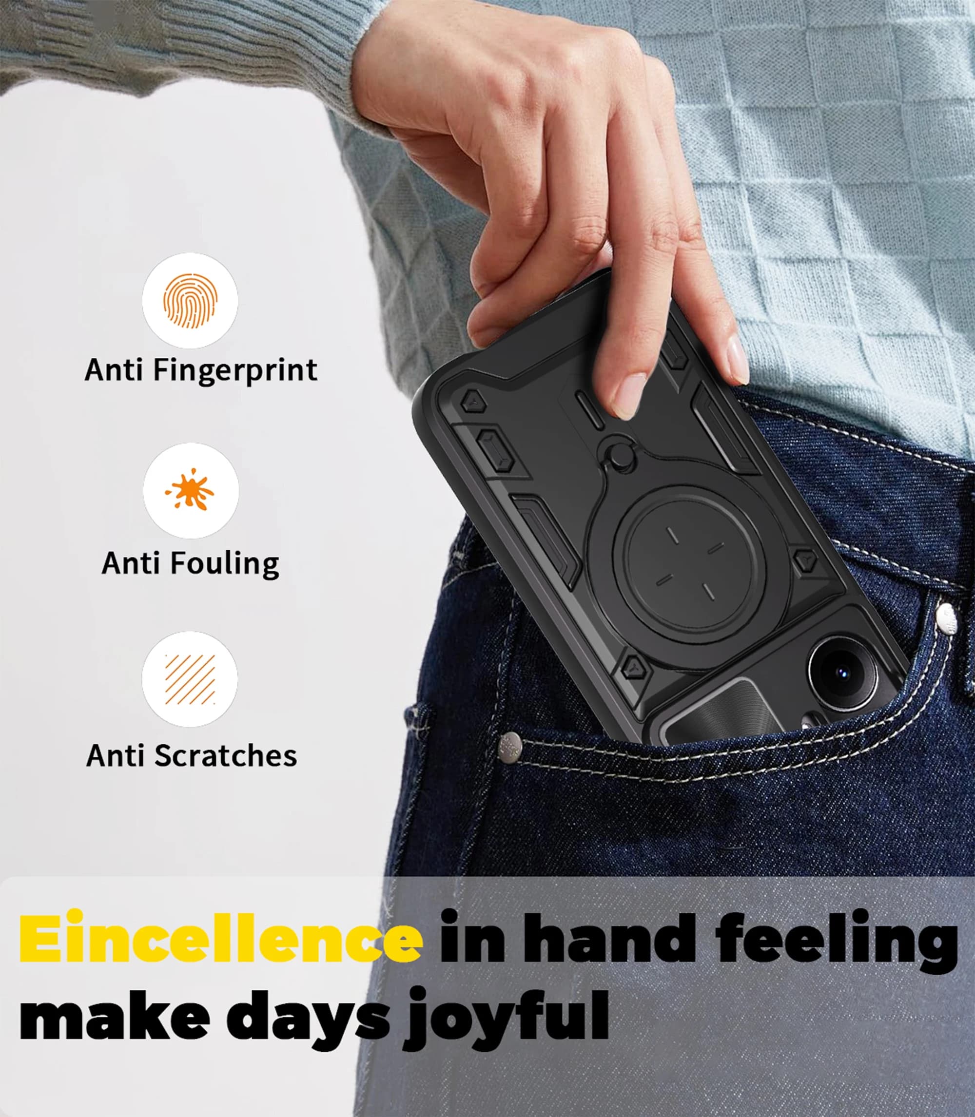 Capa protetora preta para Xiaomi Poco C71 com design anti-impressão digital, anti-manchas e anti-riscos
