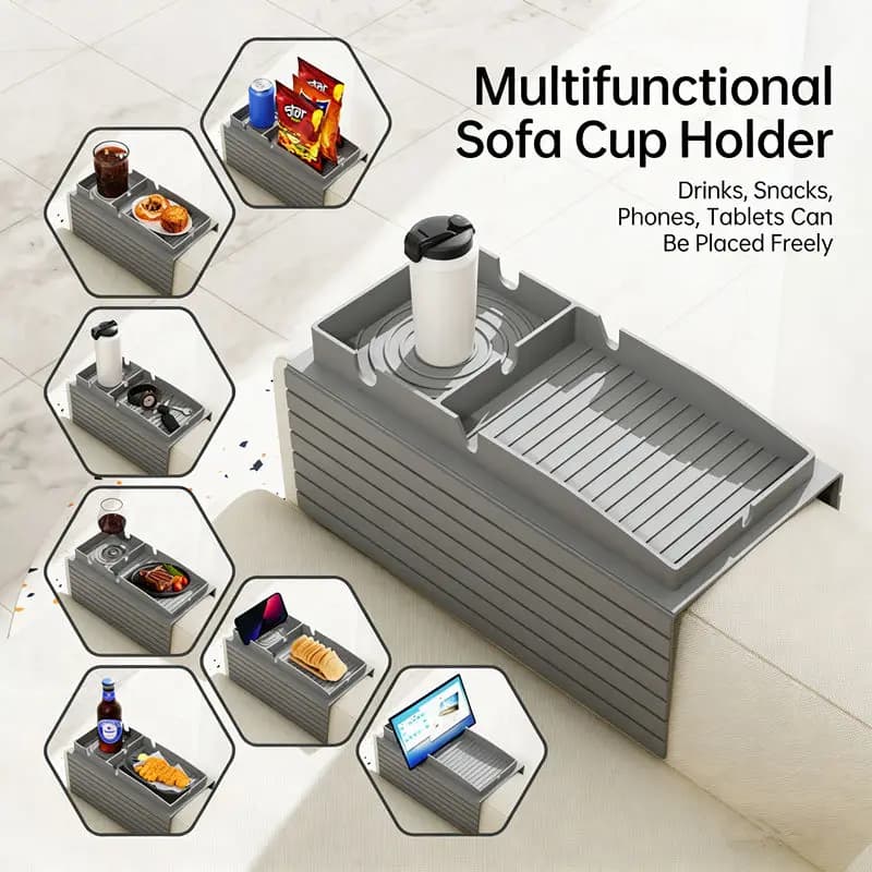 Organizador multifuncional cinza para sofá mostrando usos variados para bebidas, snacks e eletrônicos