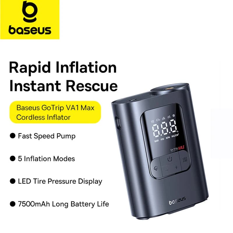 Inflador de pneu portátil Baseus GoTrip VA1 Max com display LCD digital, preto