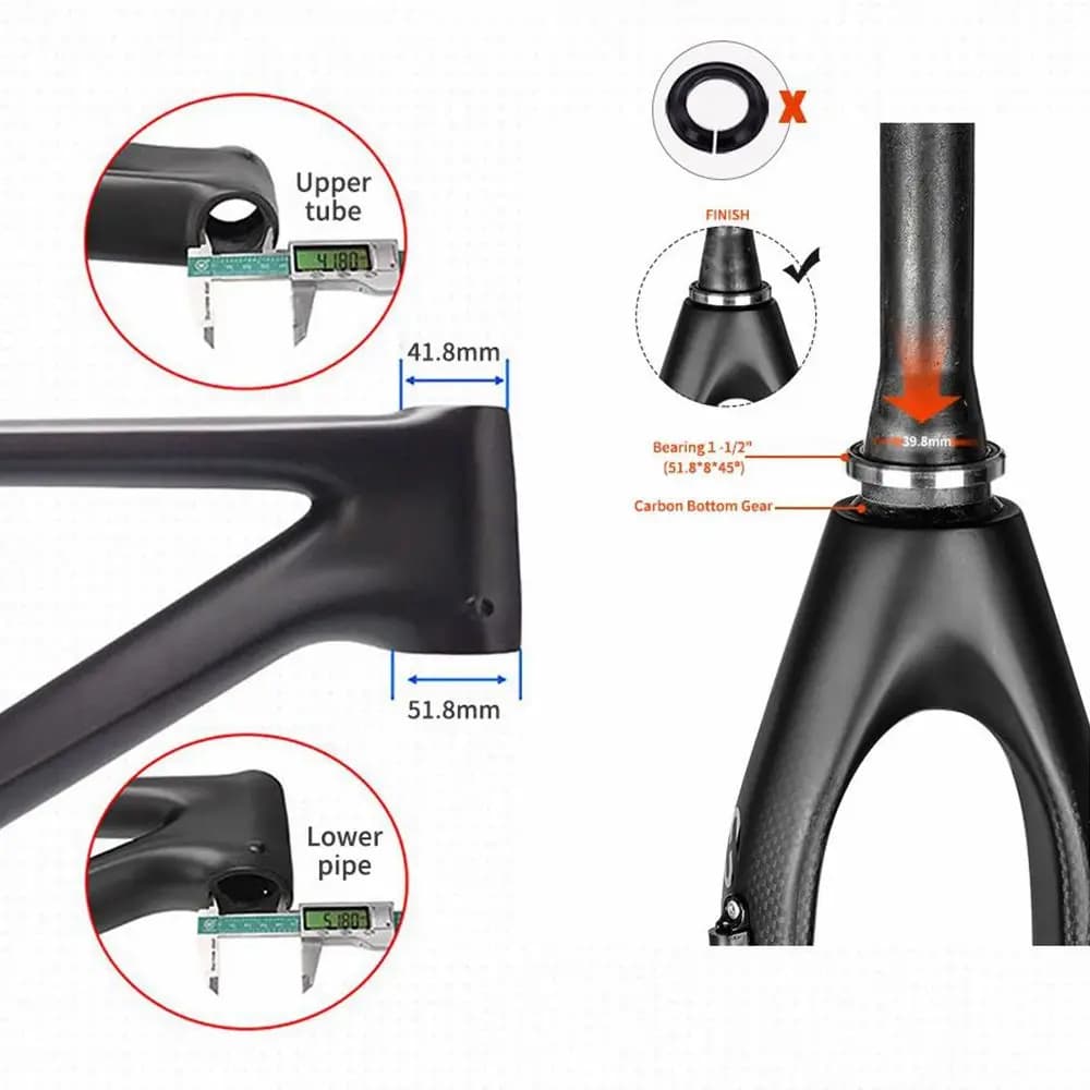 Garfo de bicicleta TOSEEK T800 preto em fibra de carbono com tubo cônico e medidas detalhadas