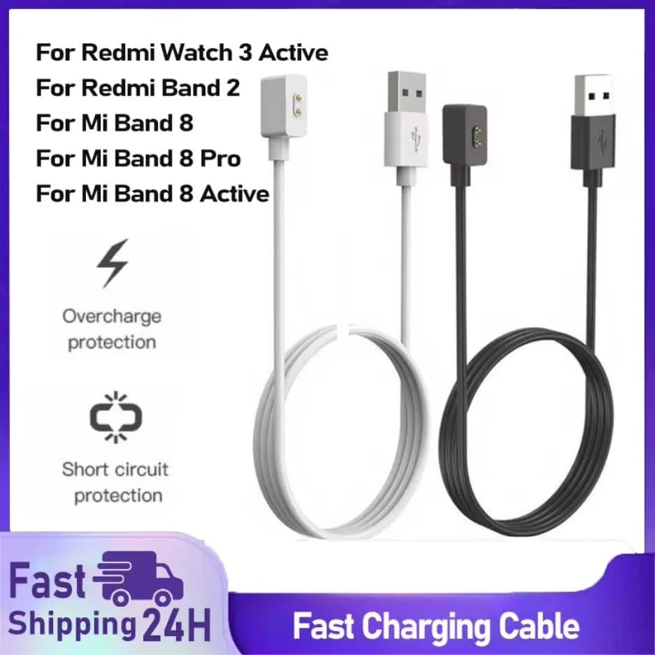 Cabo carregador USB para Xiaomi Band 9, 8, 8 Pro, Mi Band 8, 8 Active, Redmi Watch 3, 4, 5 com proteção contra sobrecarga e curto-circuito
