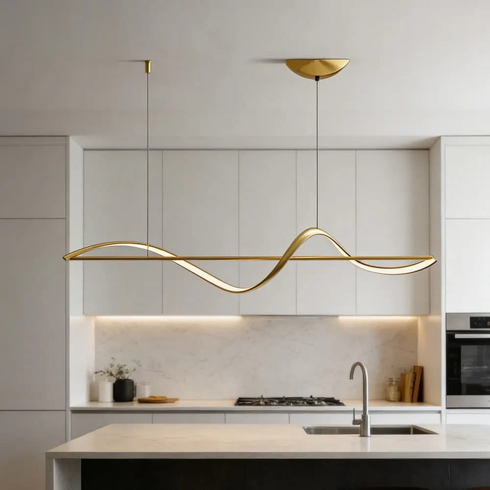 Luminária pendente LED dourada linear moderna para sala ou restaurante com design minimalista