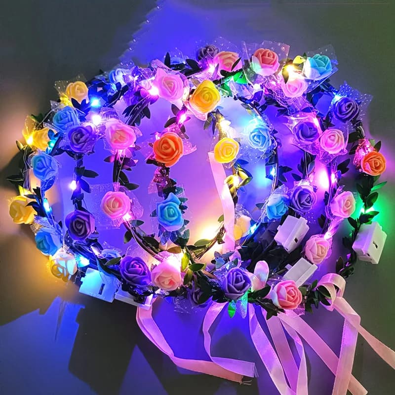 Guirlanda LED multicolorida com flores e fitas para festas