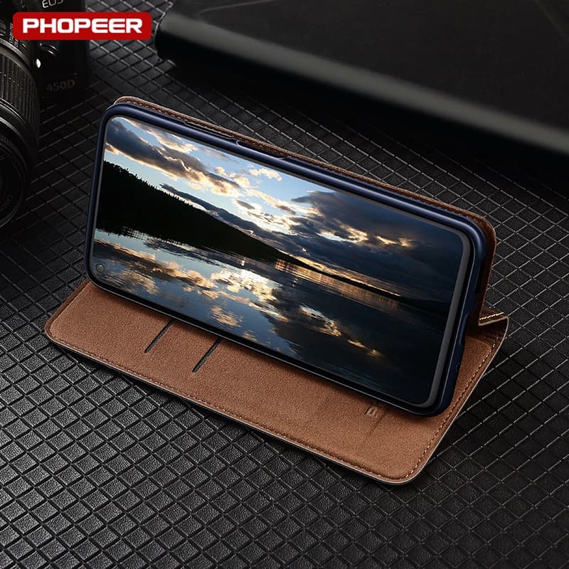 Capa de telefone carteira magnética Xiaomi Poco com suporte para vídeo e interior marrom