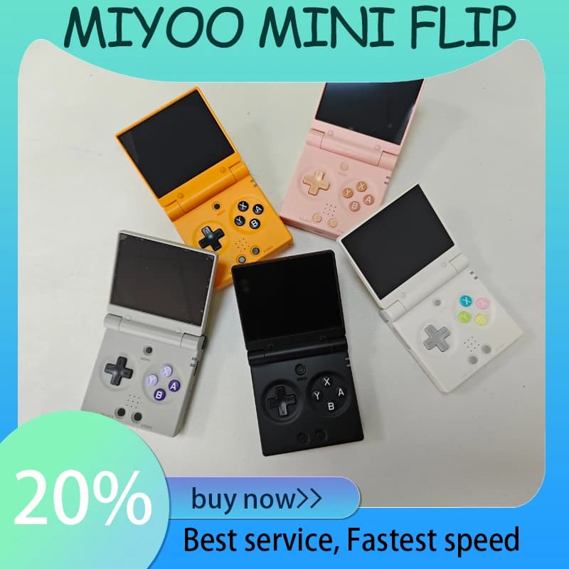Consoles de jogos MiyOO Mini Flip dobráveis em várias cores: amarelo, rosa, preto, cinza e branco.