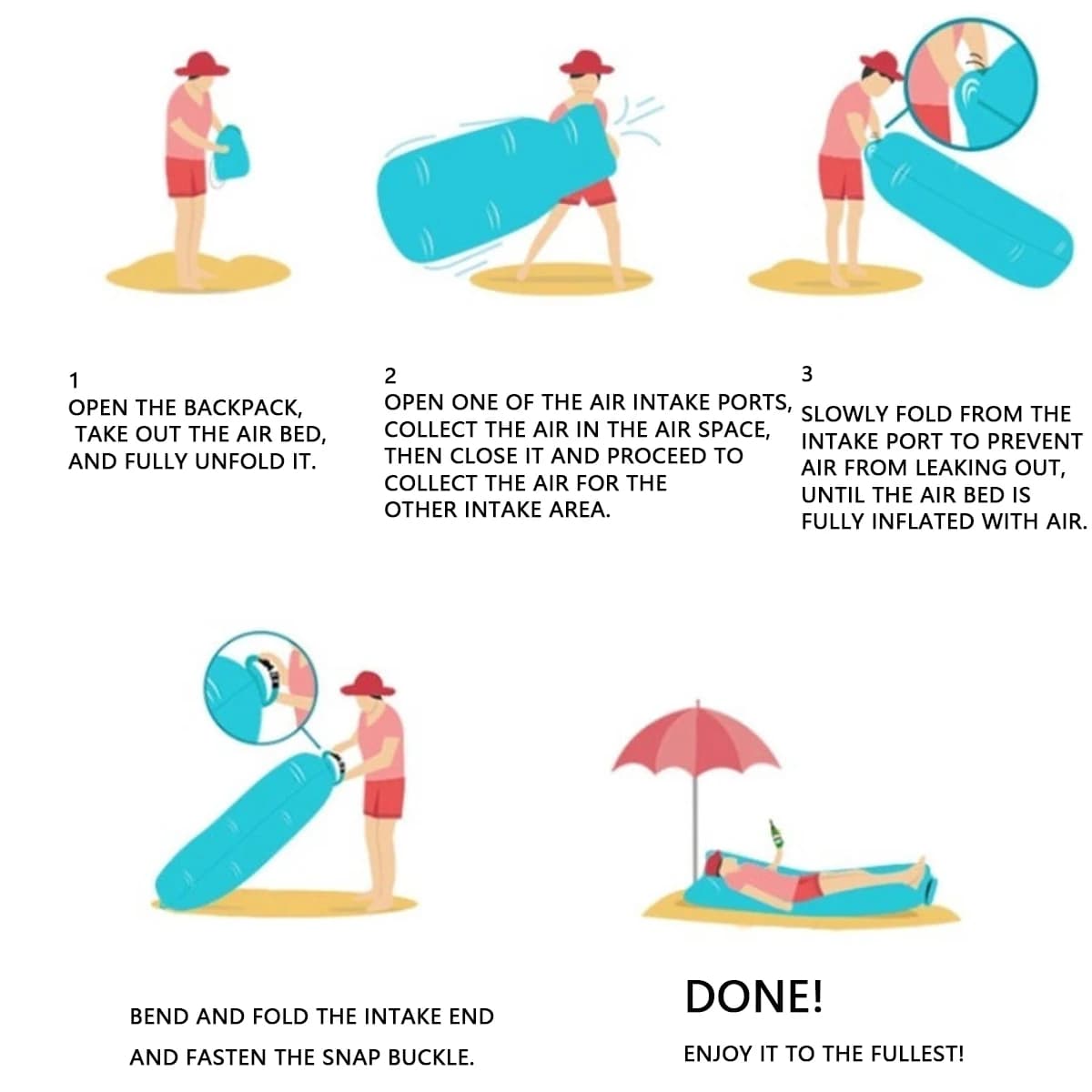Instruções ilustradas para inflar sofá inflável Lazyman portátil com captação de ar manual