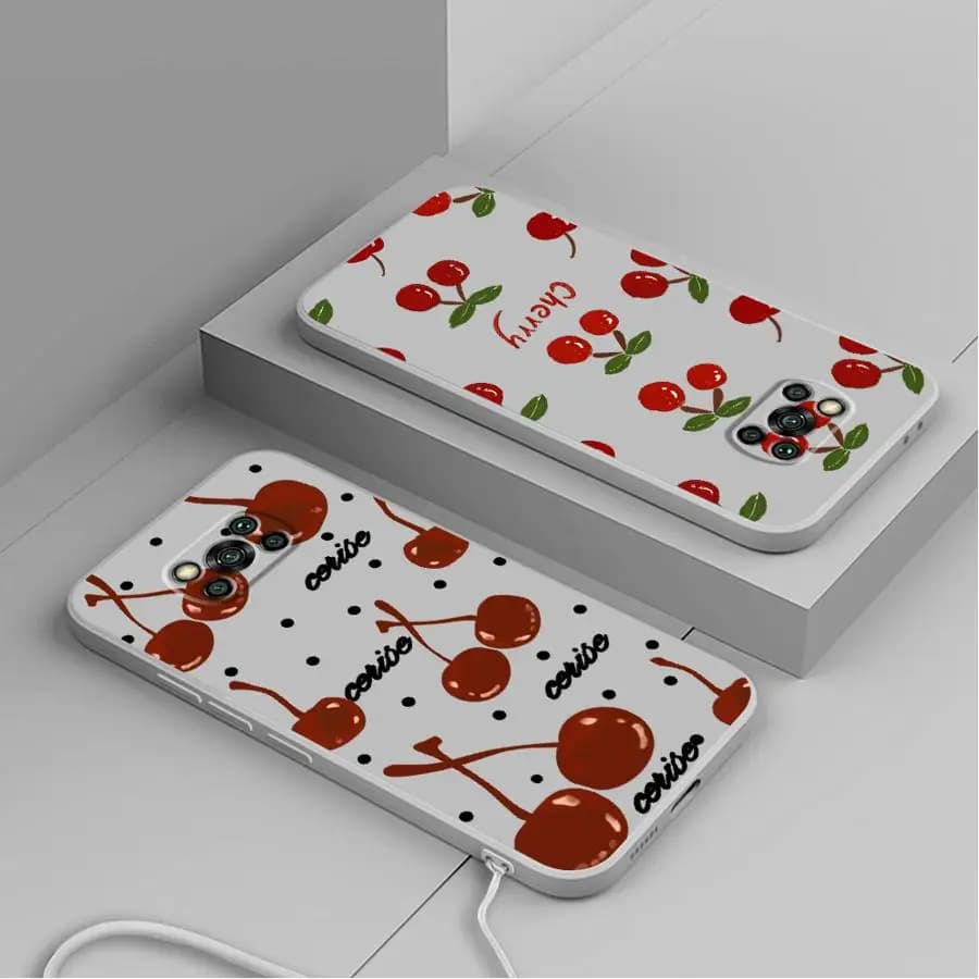 Capas para Xiaomi Poco F5 com estampa vintage de cerejas vermelhas em silicone flexível branco e verde