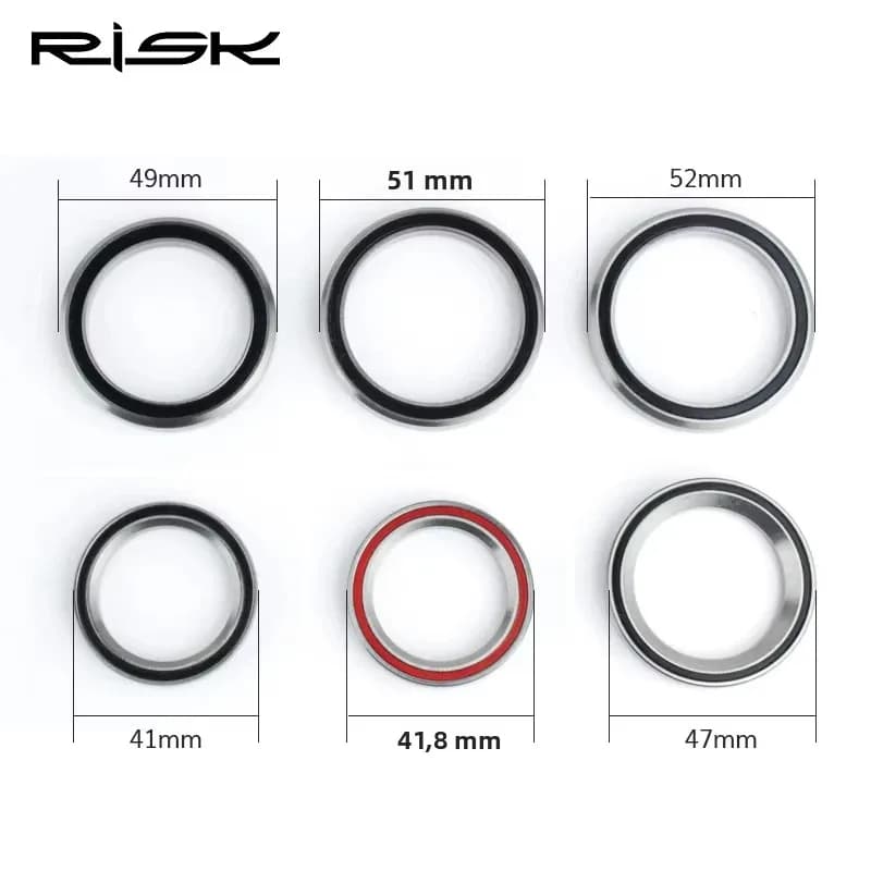 Conjunto de rolamentos para bicicleta RISK com medidas variadas, incluindo 41mm e 41,8mm, prata e vedados