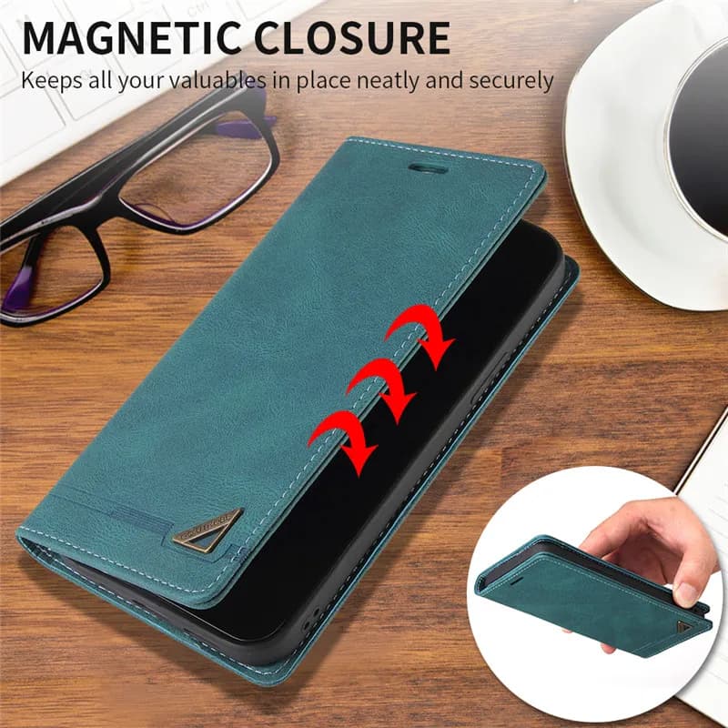 Capa carteira verde em couro para Xiaomi Poco F5 Pro com fechamento magnético seguro e design elegante