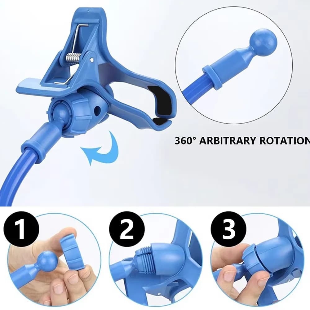 Detalhes do suporte para celular azul com rotação 360 graus e mecanismo de encaixe do braço flexível