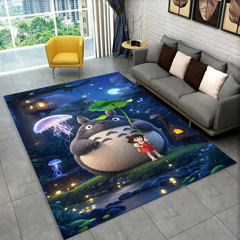 Tapete infantil Totoro clássico antiderrapante com estampa colorida de Totoro e menina no bosque à noite