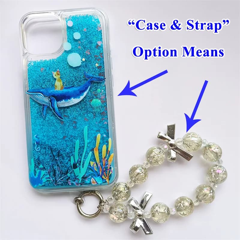 Capa azul com glitter líquido e estampa de baleia com gato, acompanha pulseira transparente para celular