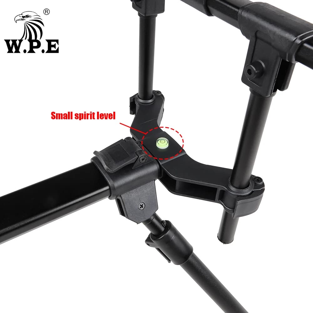 Suporte para vara de pesca W.P.E com nível de bolha para ajuste de nivelamento em estrutura preta