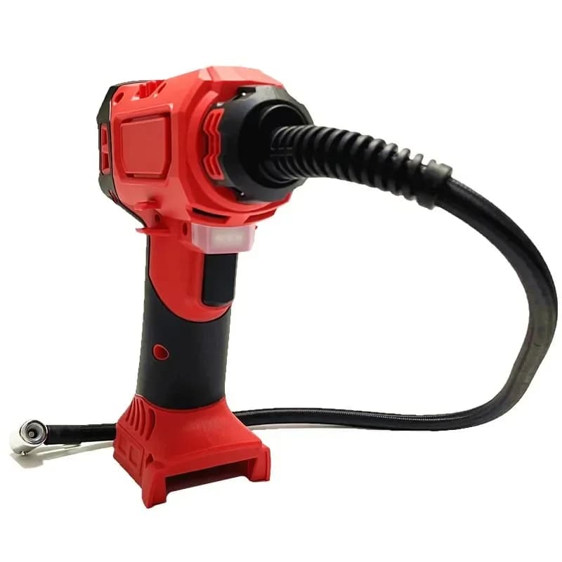 Bomba de ar elétrica portátil vermelha e preta com mangueira flexível para uso com bateria 18V