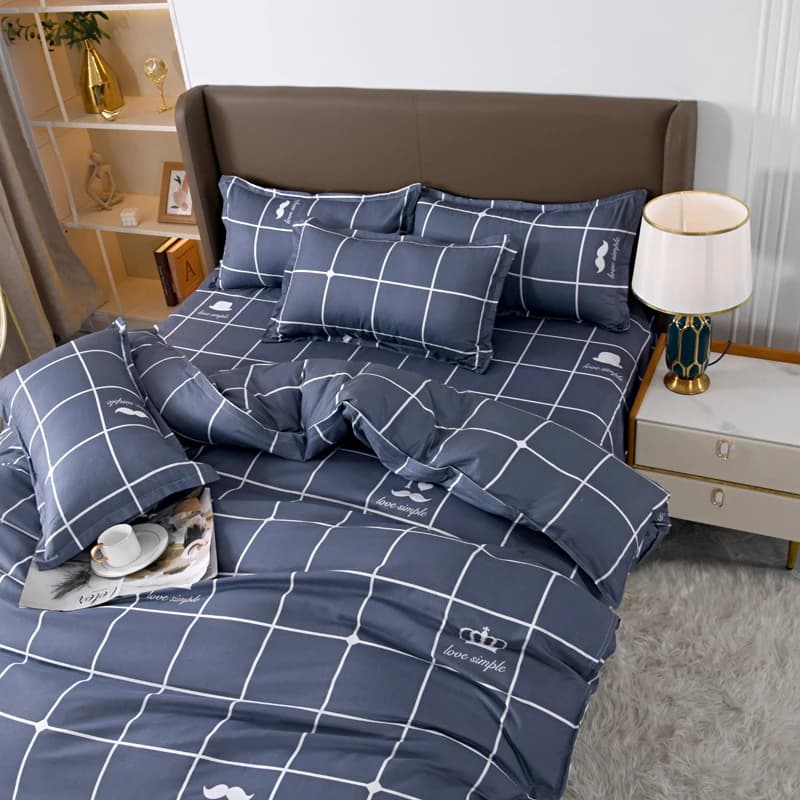 Roupa de cama azul marinho 4 peças full com estampa quadriculada branca e almofadas retangulares