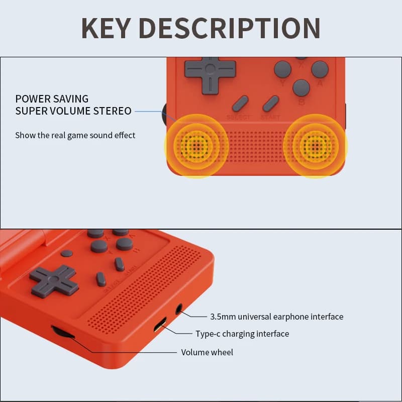 Detalhes do console Powkiddy V90 laranja com botões, alto-falantes estéreo e entradas USB tipo C e fone 3.5mm