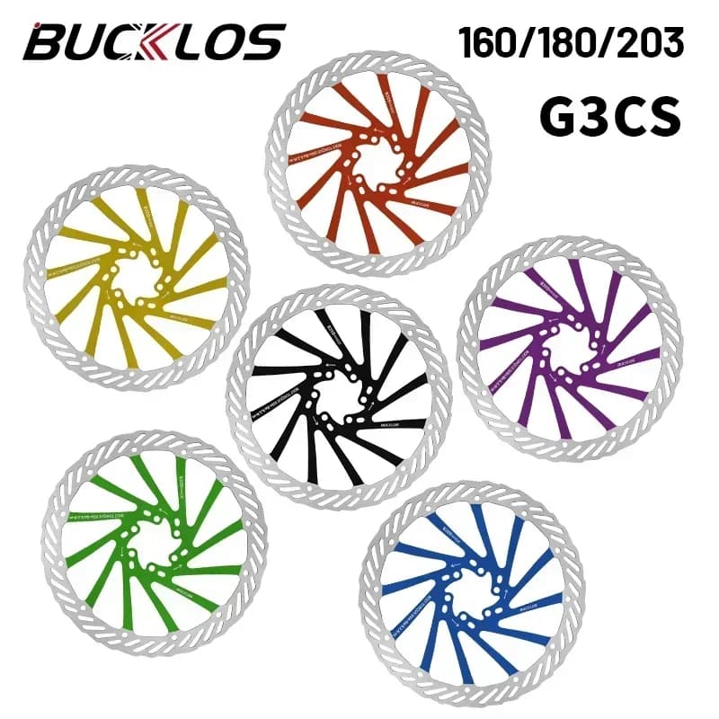 Discos de freio Bucklos G3CS em várias cores incluindo preto, vermelho, azul, verde, dourado e roxo
