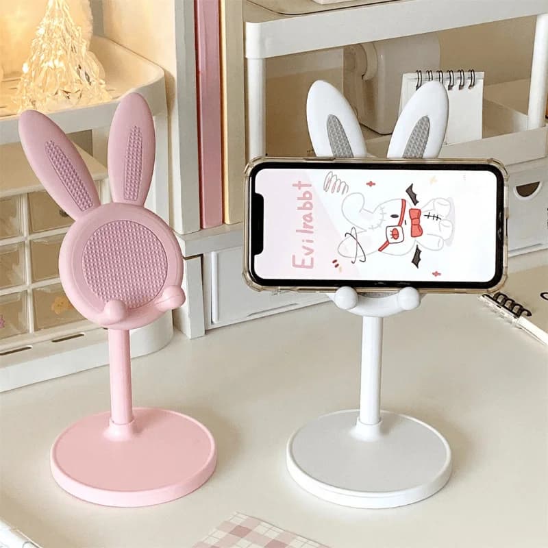 Suporte de telefone com design de coelho branco ajustável para mesa de escritório