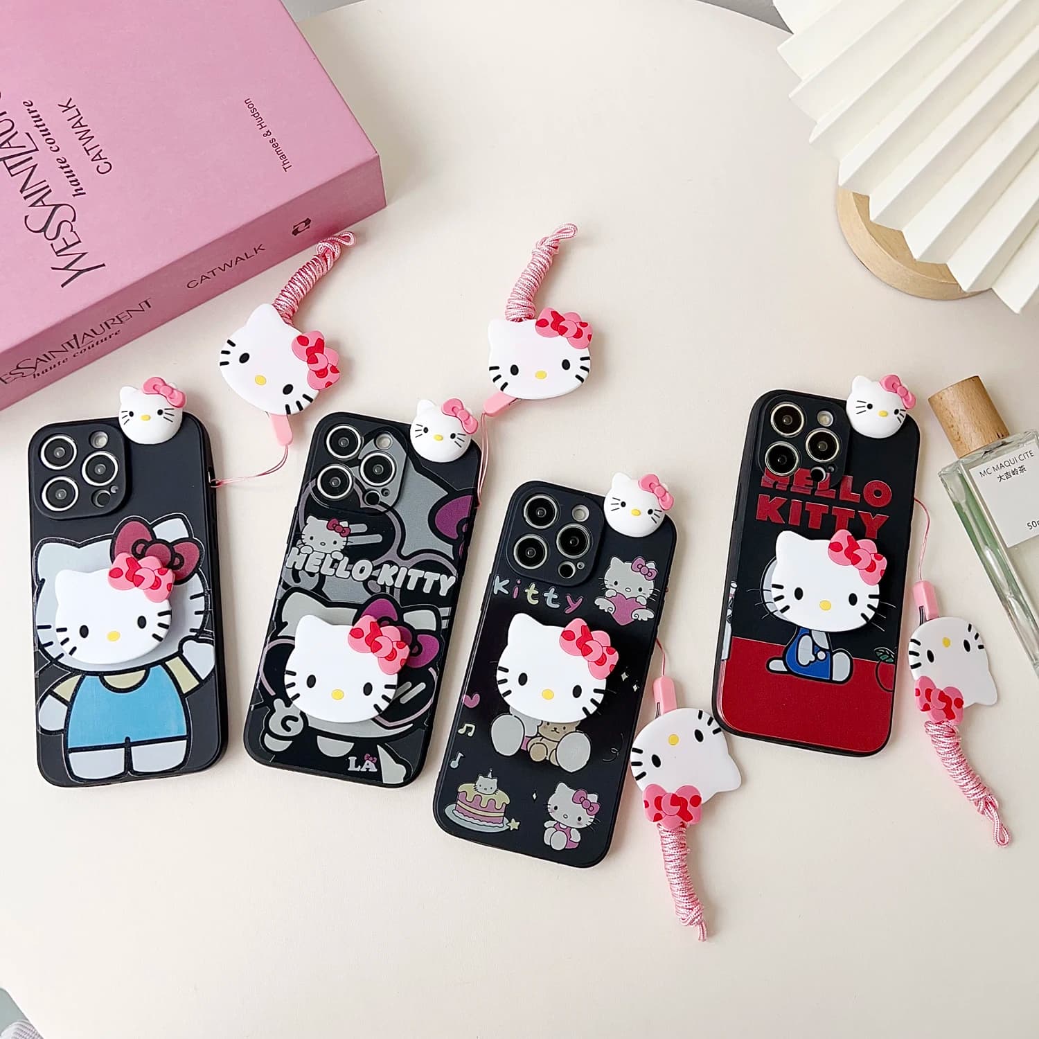 Capas de celular Hello Kitty com suporte e cordão para Xiaomi Redmi 8 9 9T A1 A3 Note 7 8 9 10 Pro