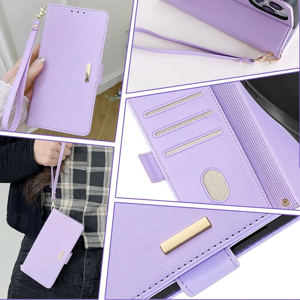 Capa carteira lilás para smartphone Xiaomi Poco com alça de mão, compartimentos para cartões e fechamento magnético