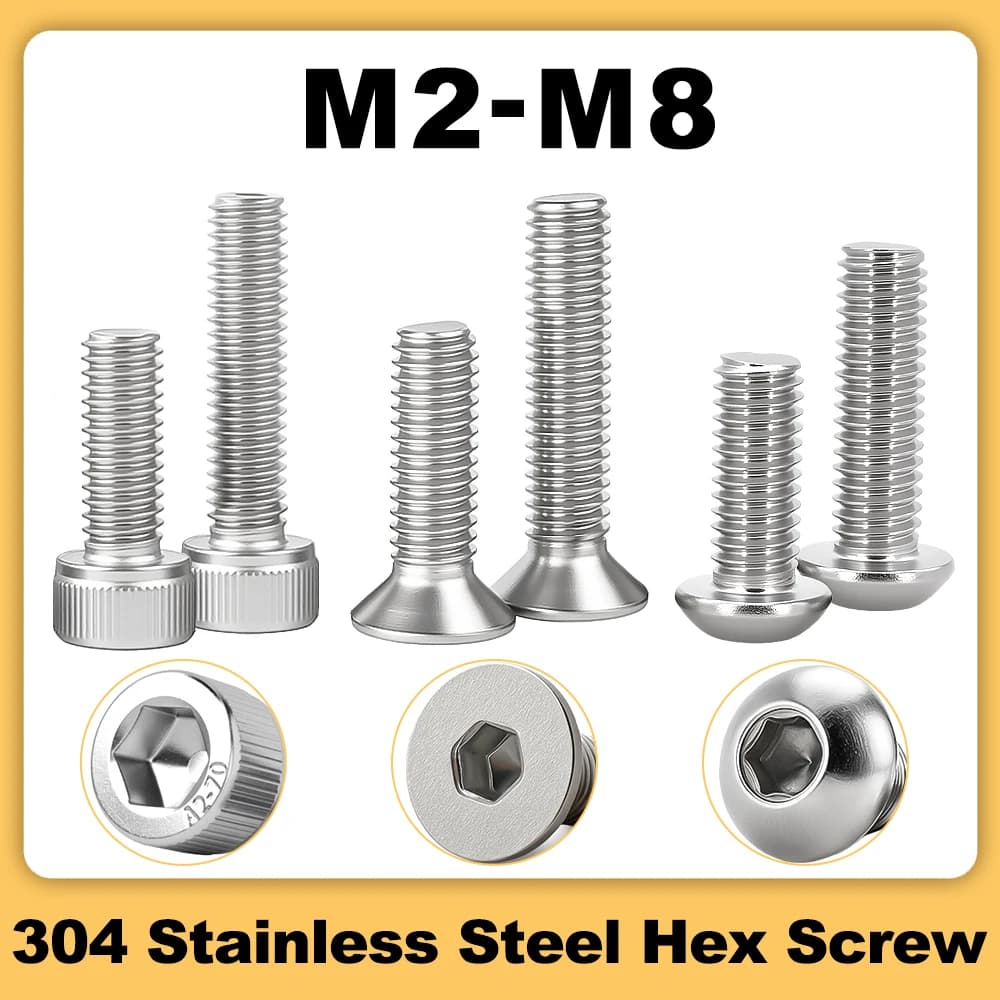 304 parafusos de máquina de metal com rosca sextavada de aço inoxidável m3 m4 m5 m6 m8 din912 din7991 iso7380 a2 parafusos allen hexagonais