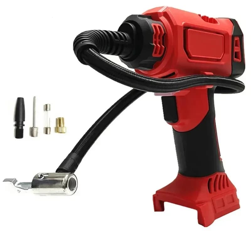 Bomba de ar elétrica portátil vermelha e preta com acessórios para pneus, compatível Milwaukee 18V