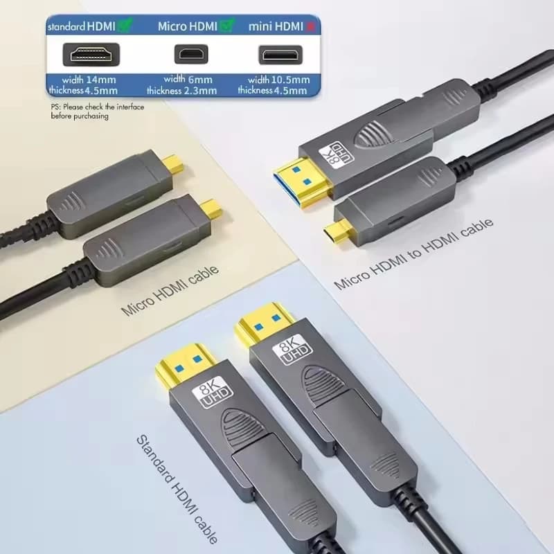 Três cabos de fibra óptica HDMI 2.1 8K Ultra HD cinza com conectores dourados