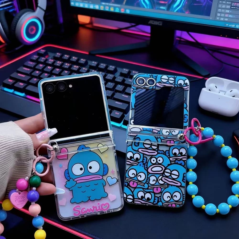 Capa de telefone transparente Sanrio com personagem azul para Samsung Galaxy Z Flip