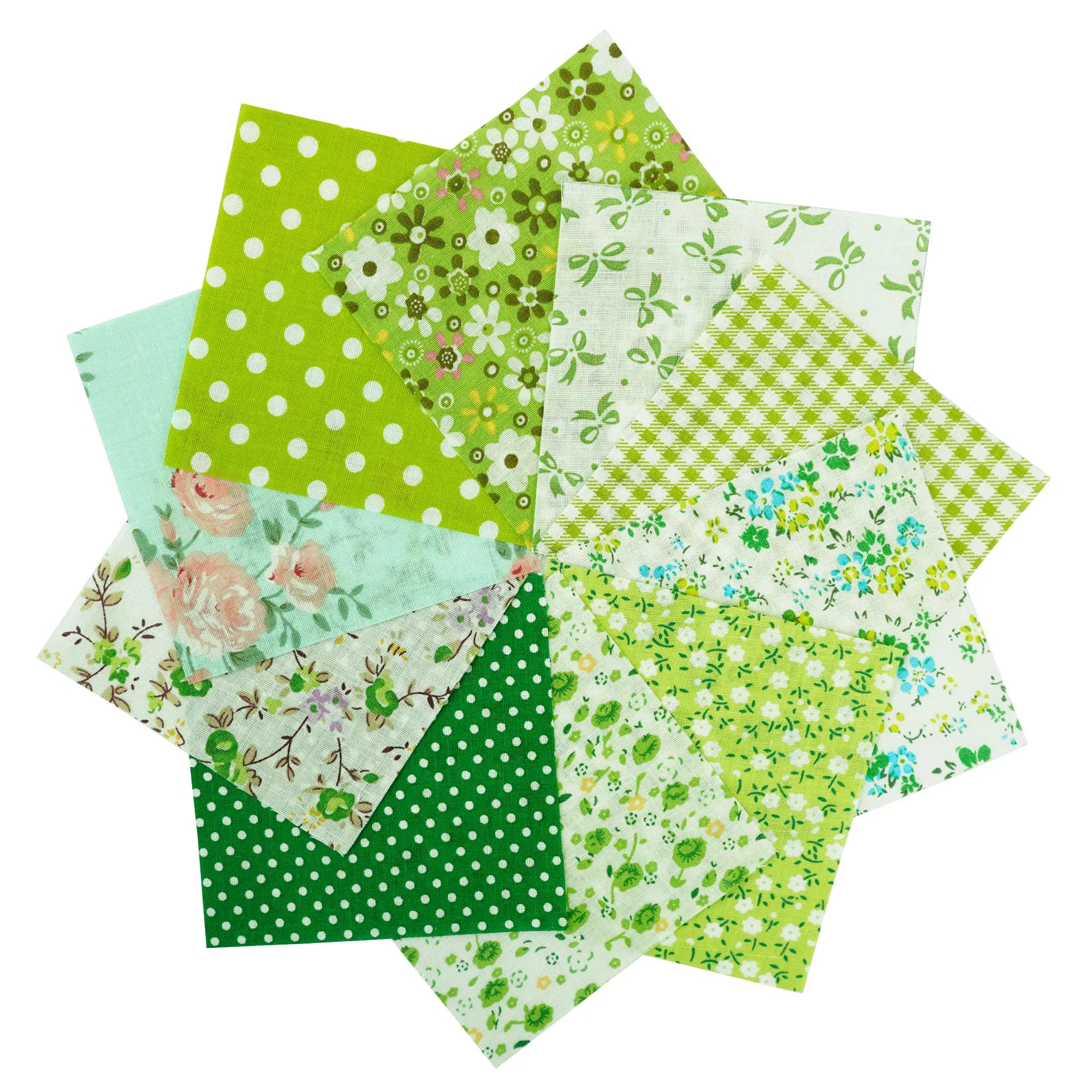 Tecido para artesanato algodão floral verde com estampas variadas em quadrados 5x5cm e 10x10cm