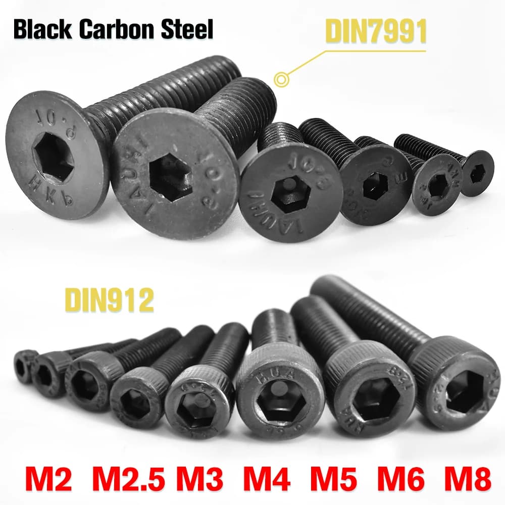 5-100 pces din912 grade12.9 allen parafuso de soquete sextavado m2 m2.5 m3 m4 m5 m6 m8 din7991 preto steel10.9 parafuso escareado de soquete sextavado
