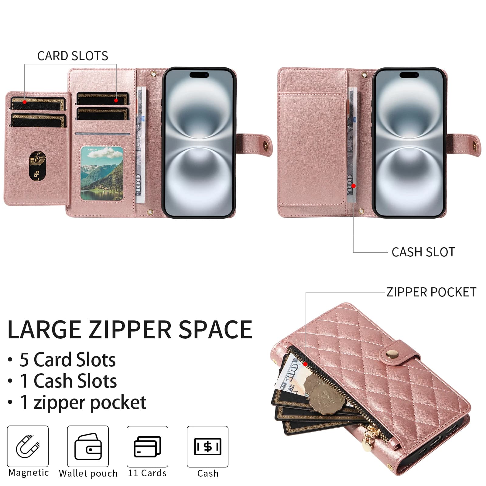 Capa carteira rosa para celular Xiaomi com 5 slots para cartão, bolso para dinheiro e bolso com zíper