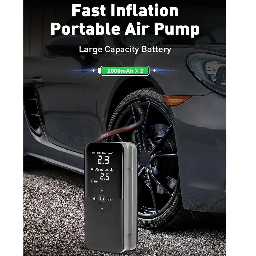 Compressor de Ar Portátil Elétrico, Bomba de Ar Sem Fio para Carro com Lâmpada LED para Carro, Moto, Bicicleta e Bolas