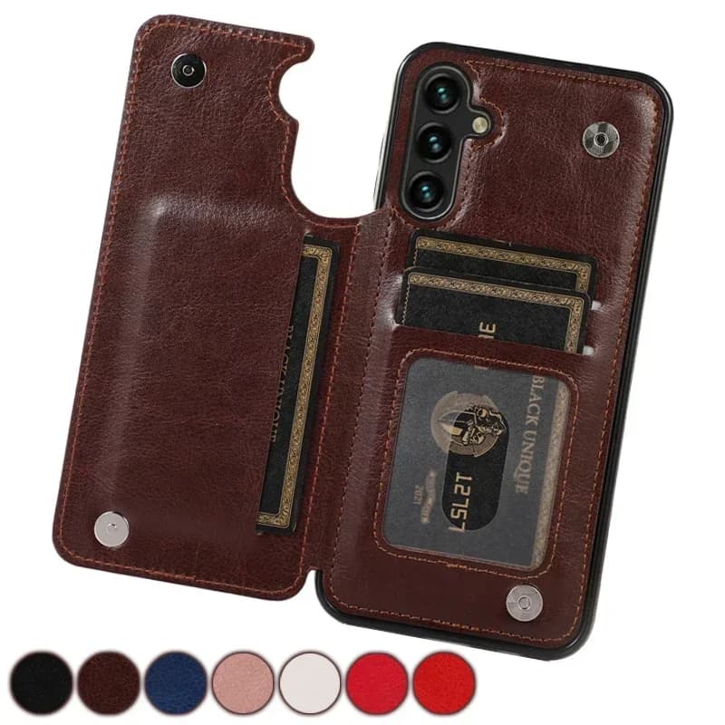Capa de couro marrom para Samsung com botão duplo e suporte para cartões