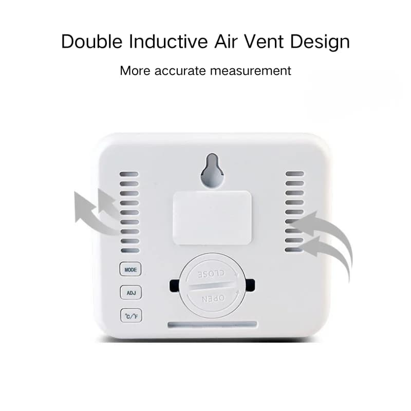 Termo-higrômetro digital branco com design de dupla ventilação para medição precisa