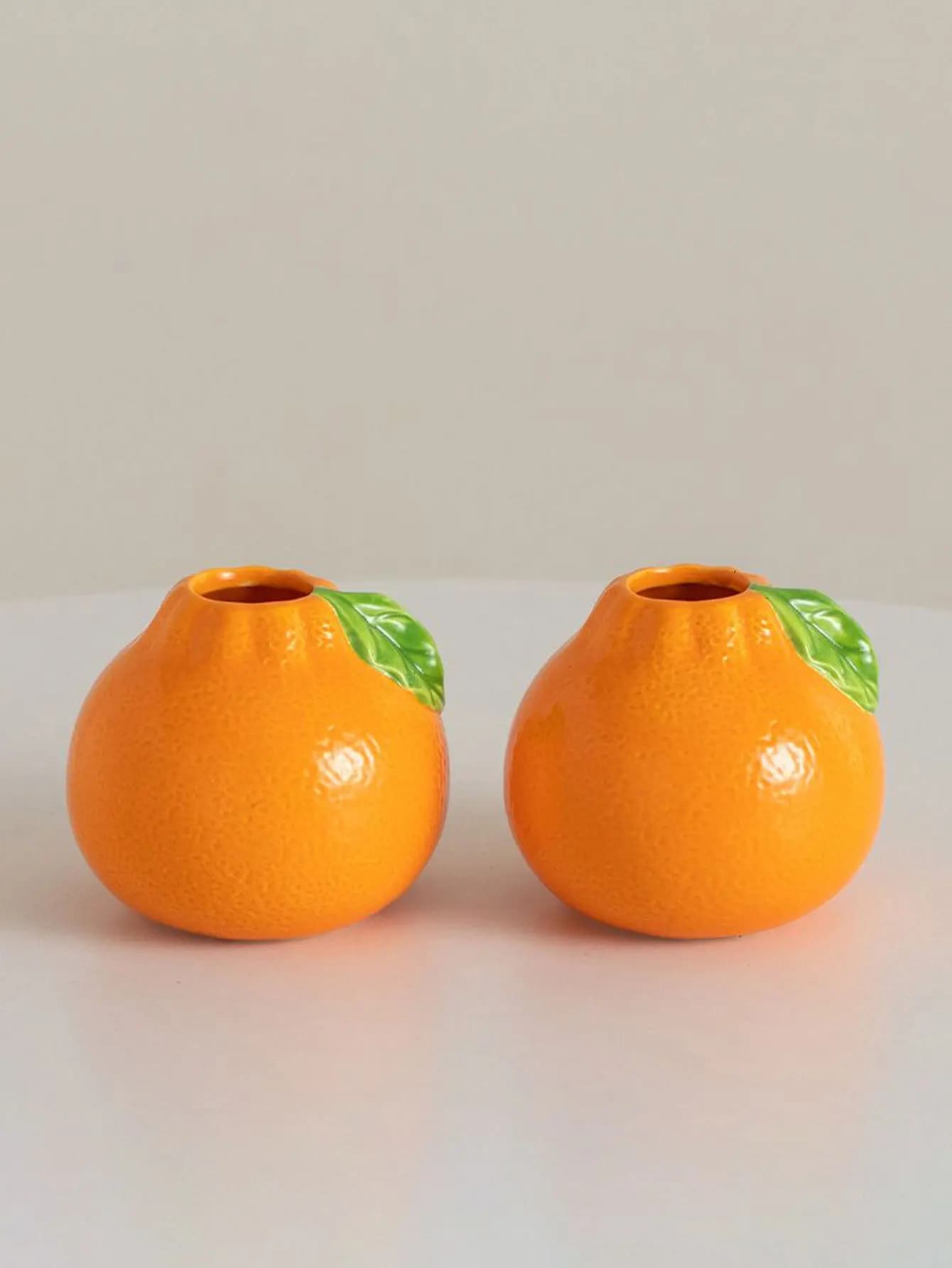 Vaso decorativo hidropônico em formato de laranja com folha verde, cerâmica brilhante