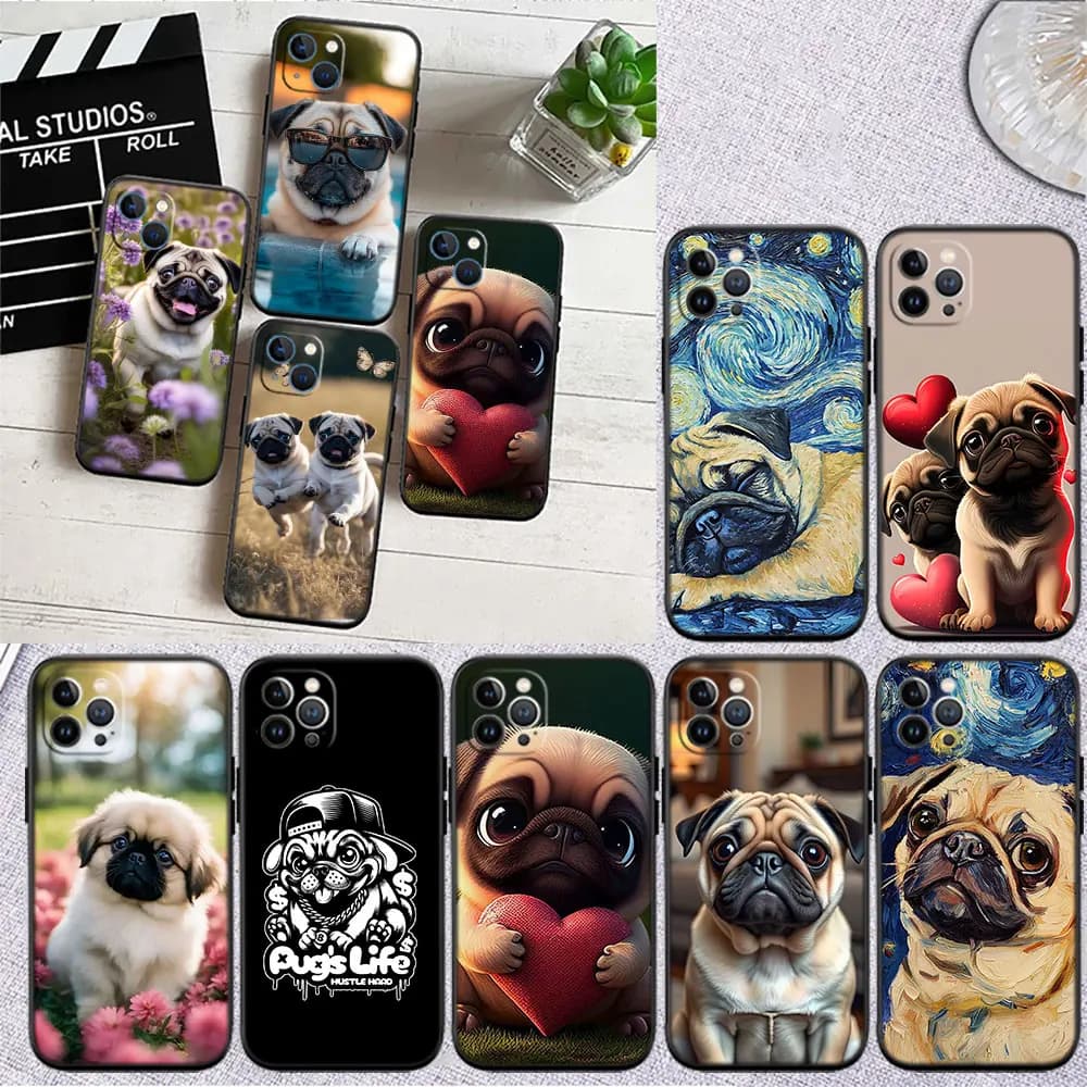 Capas de telefone com design de pugs, um segurando um coração, outro com óculos de sol, estilo Van Gogh e com coração.
