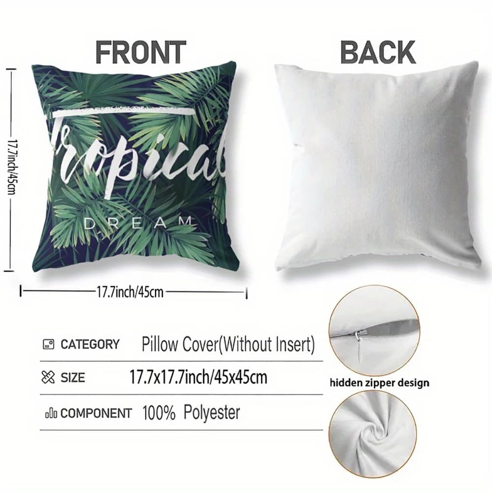 Capa de almofada tropical verde com folhas e texto branco, poliéster 45x45 cm com zíper oculto