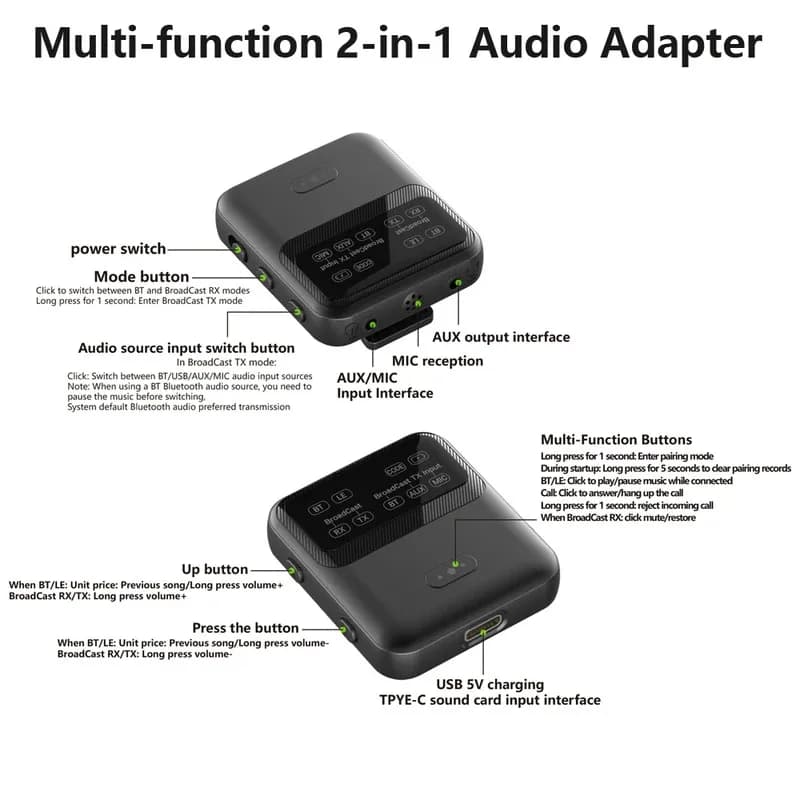 Adaptador de áudio 2 em 1 Bluetooth 5.4 aptX/aptXHD/AD LC3 Auracast LE