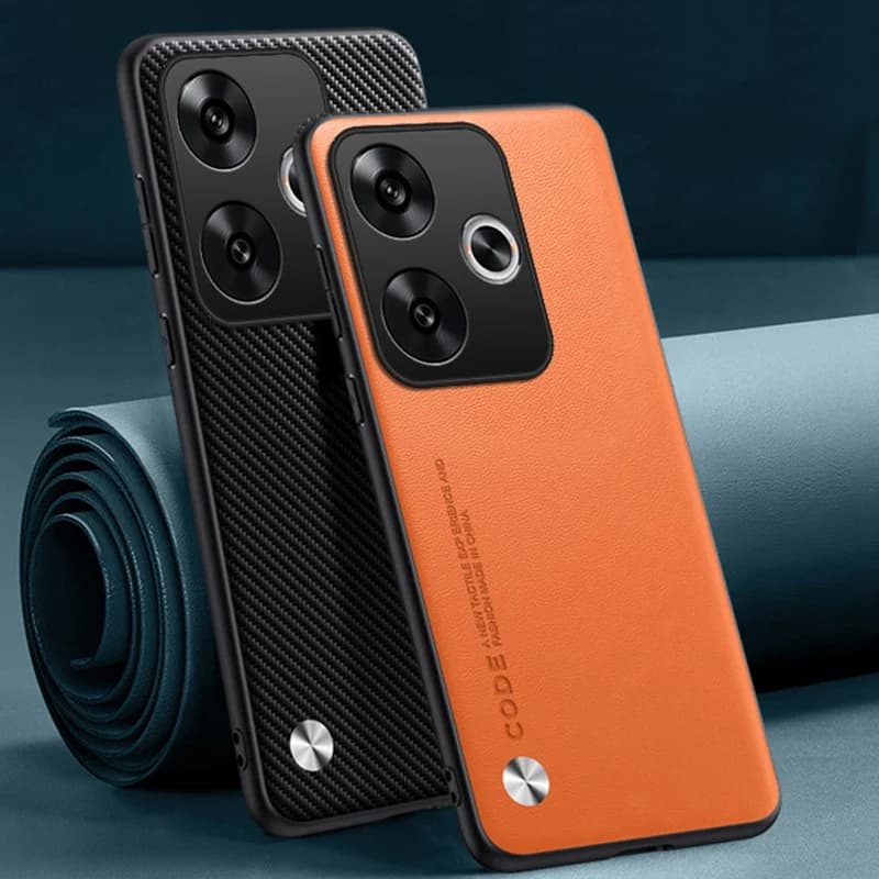 Capa de couro PU laranja e capa de carbono preto para Xiaomi Poco F6 5G