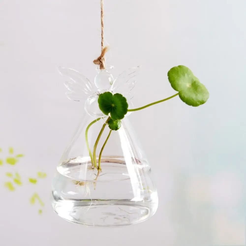 Vaso decorativo Jácotei anjo de parede em vidro borossilicato transparente com planta verde