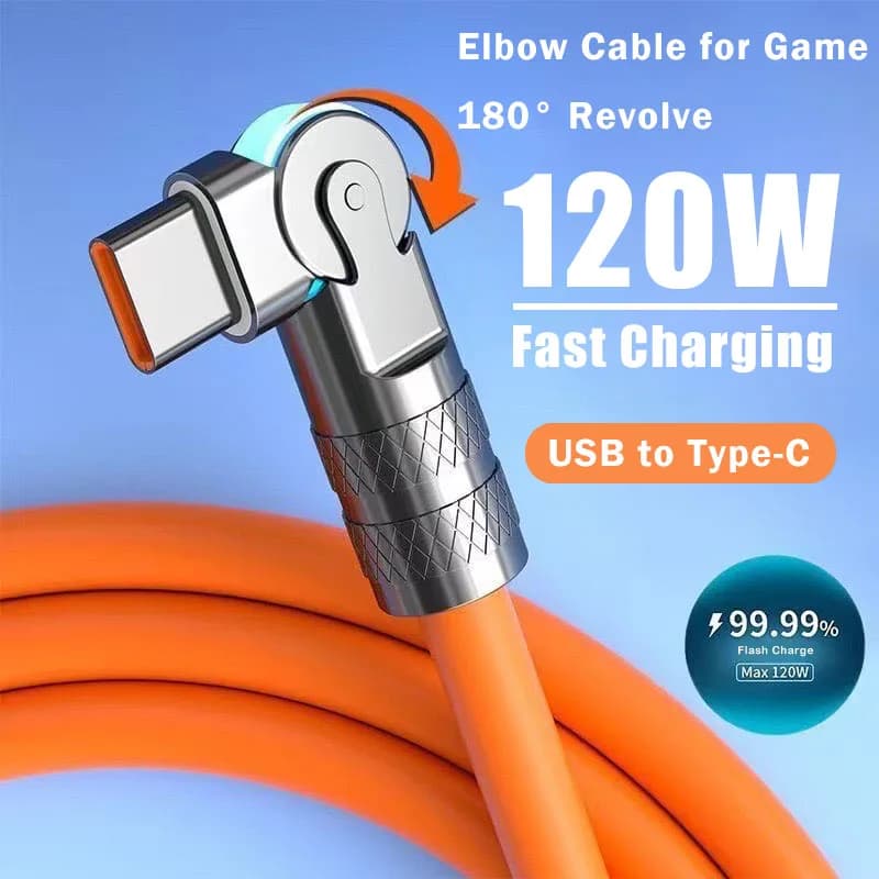Cabo de Carregamento Rápido USB Tipo C 120W 7A com Rotação de 180 Graus para Celulares