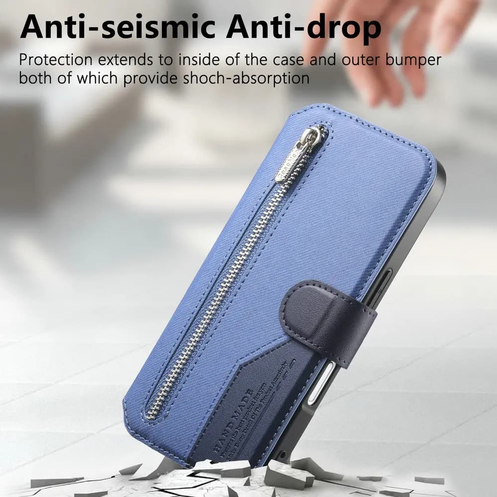 Capa carteira azul claro para Xiaomi Redmi Note 14 Pro com design antiqueda e zíper resistente para proteção do celular