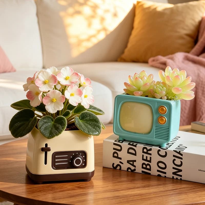 Vaso de resina vintage em forma de TV retrô com flores e suculentas em um ambiente de mesa