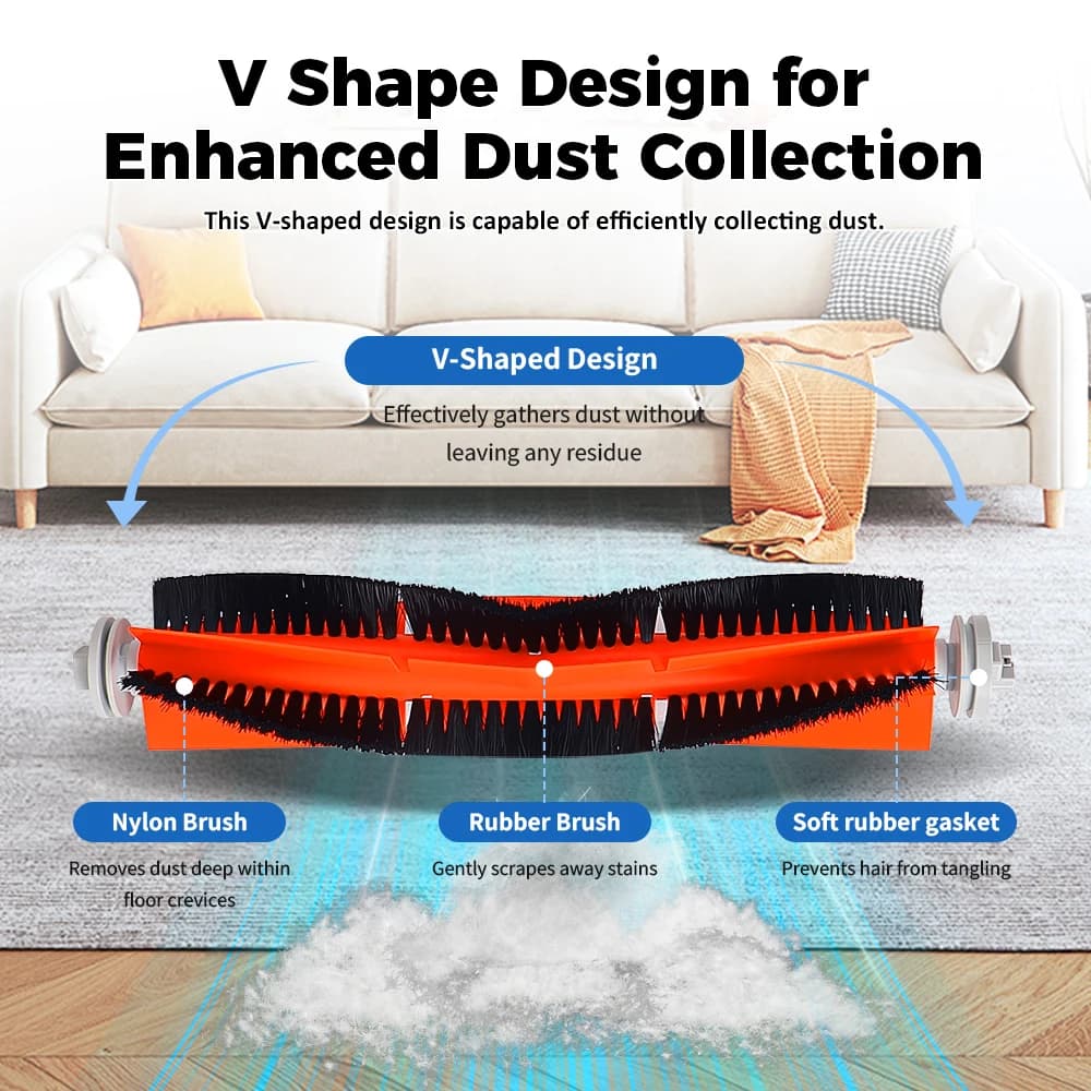Escova em V laranja com cerdas pretas para Xiaomi Mi Robot Vacuum Mop 2 Ultra, coleta eficiente de poeira