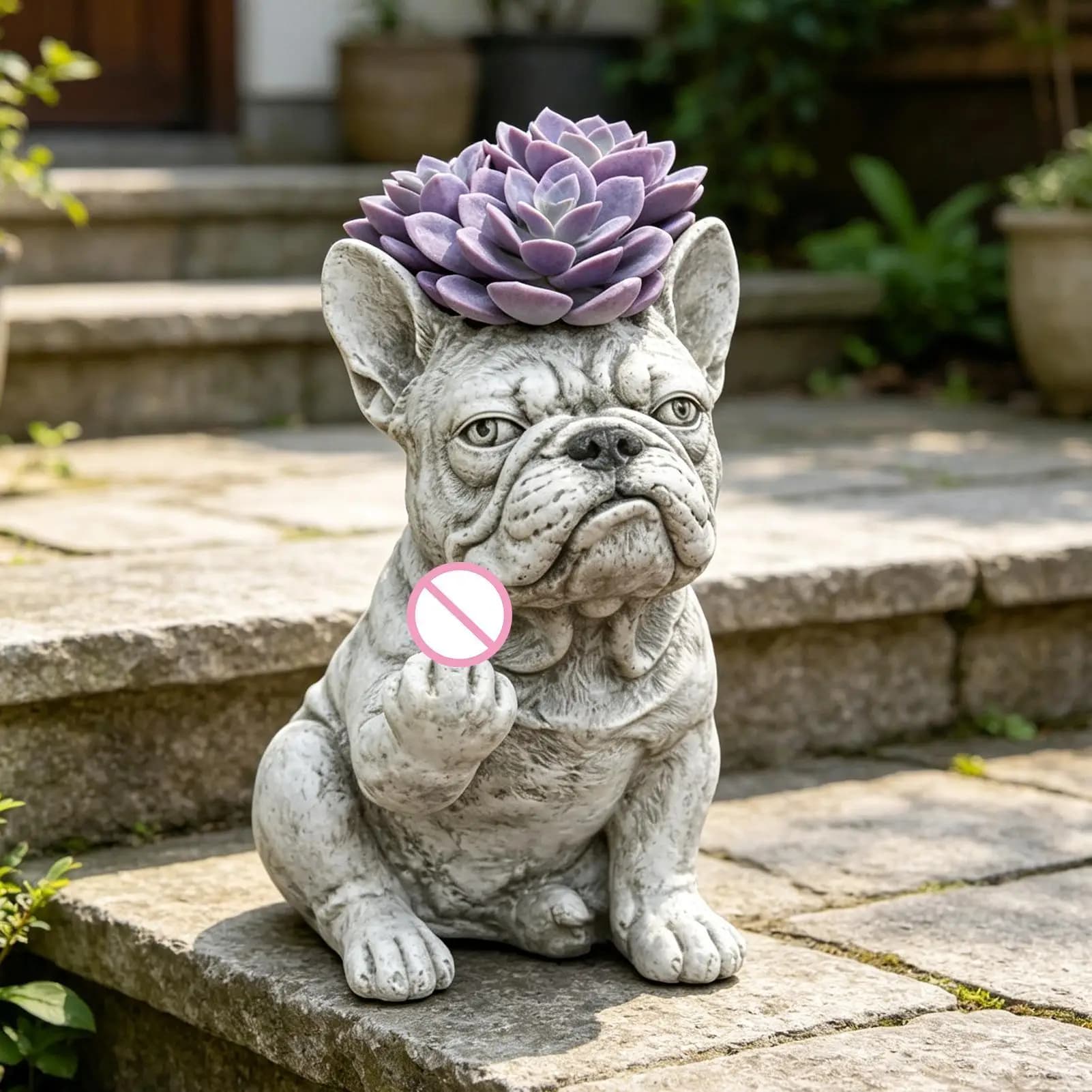 Estátua de bulldog francês cinza para plantas com suculenta roxa e folhas caídas ao fundo