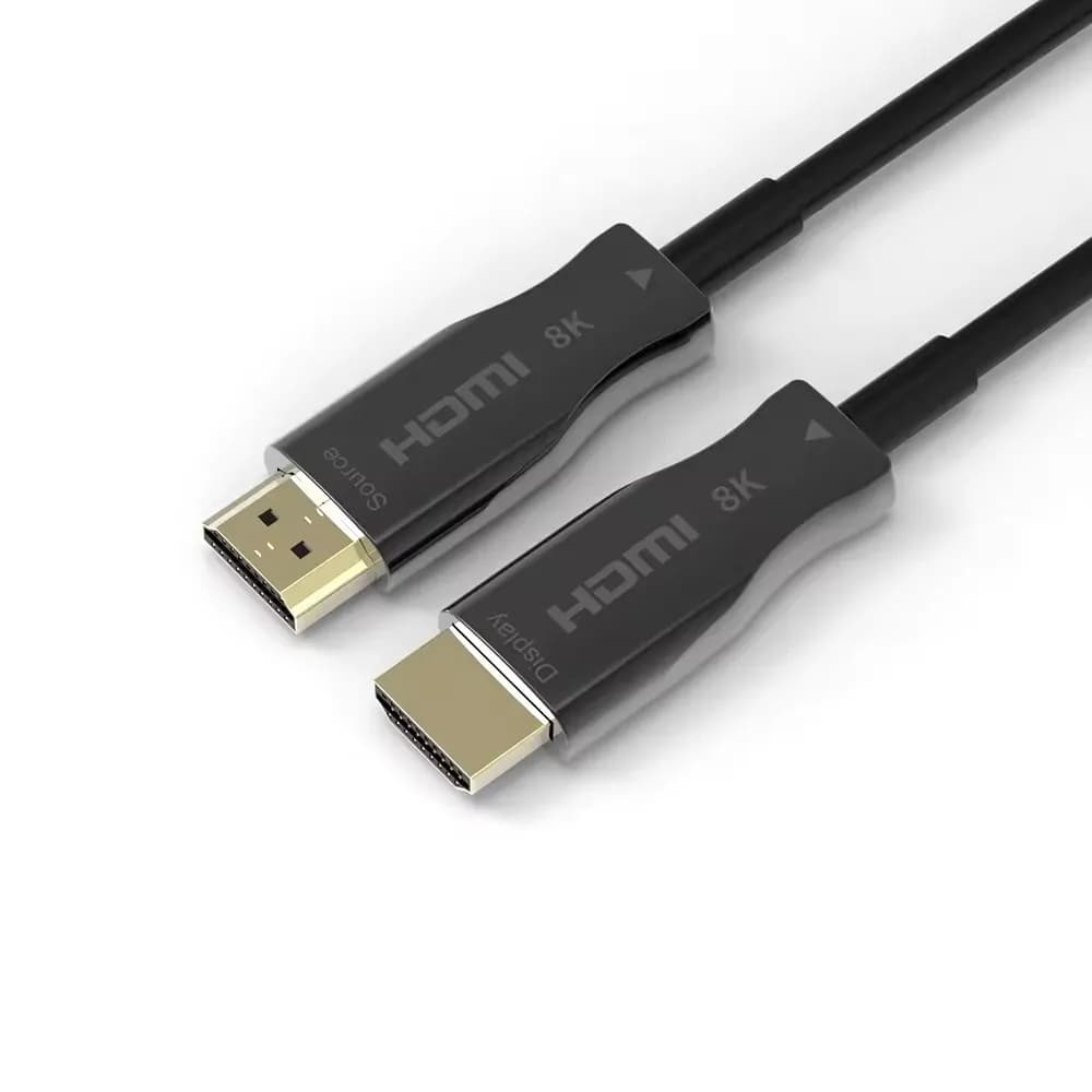 Detalhe dos conectores pretos do cabo HDMI 2.1 8K com marcação HDMI 8K Source e Display