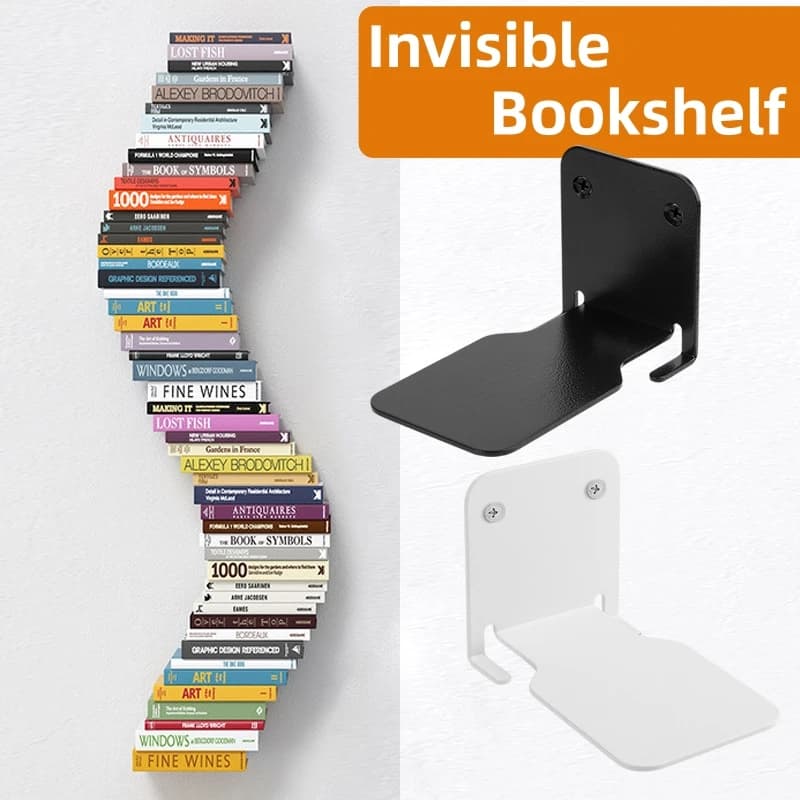 Estante flutuante invisível com livros organizados verticalmente em uma parede branca