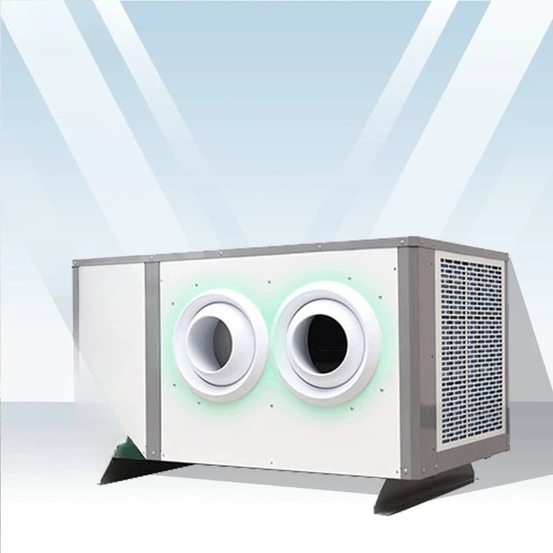 Ar condicionado industrial com eficiência energética, carcaça em metal cinza, painéis de ventilação brancos com iluminação verde.